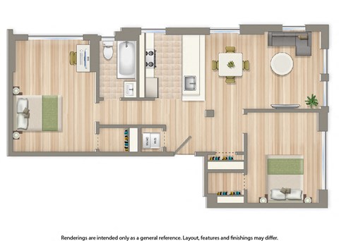 Floor plan for 2 beds, 1 bath, 717 sqft